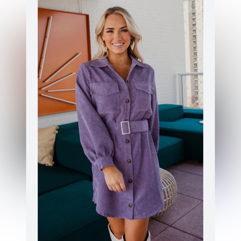 NWOT Purple Corduroy Belted Shirt Dress